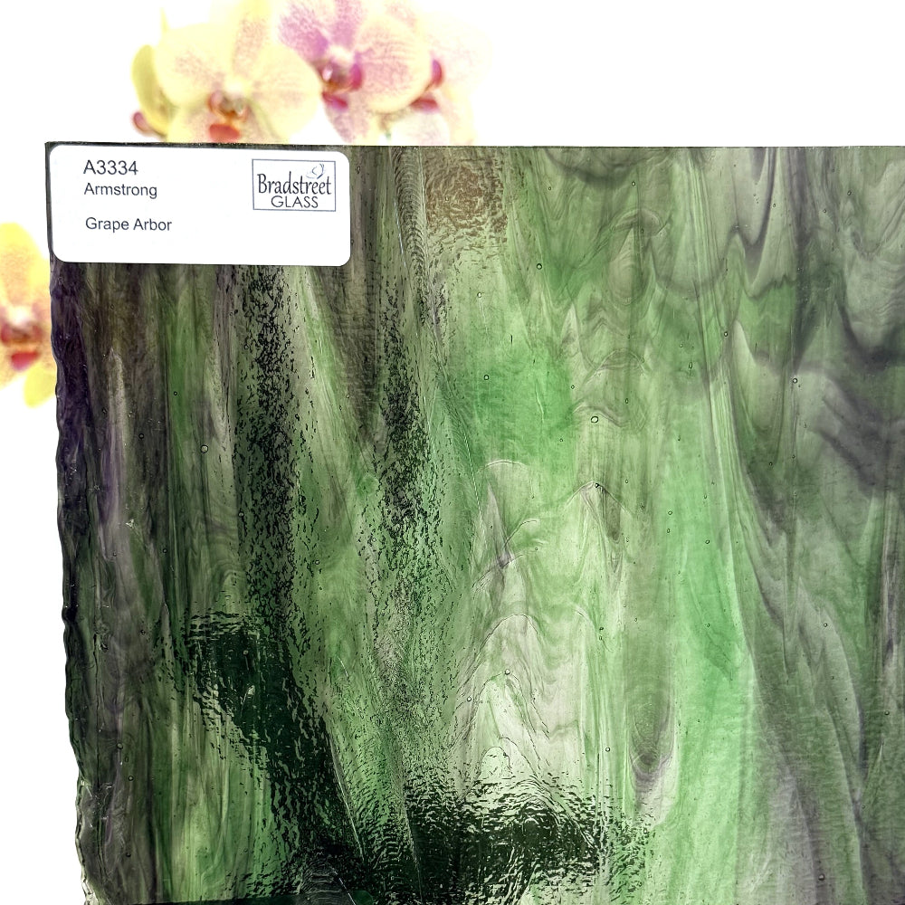 Armstrong 3334 Stained Glass Sheet
Grape Arbor: Streaky Opaque Green and Purple on Clear art glass at Bradstreet Glass.