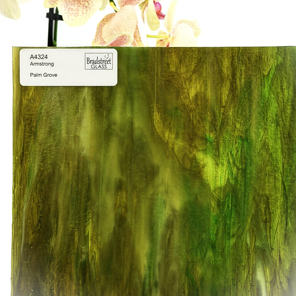 Armstrong 4324 Stained Glass Sheet
Palm Grove: Streaky Greens with Amber and Ivory Opal. Swirled art glass for stained glass at Bradstreet Glass.