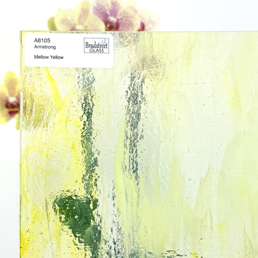 Armstrong 8105 Mellow Yellow Stained Glass Sheet. Yellow mixed through White Opal and Clear Art Glass for stained glass and mosaics at Bradstreet Glass.