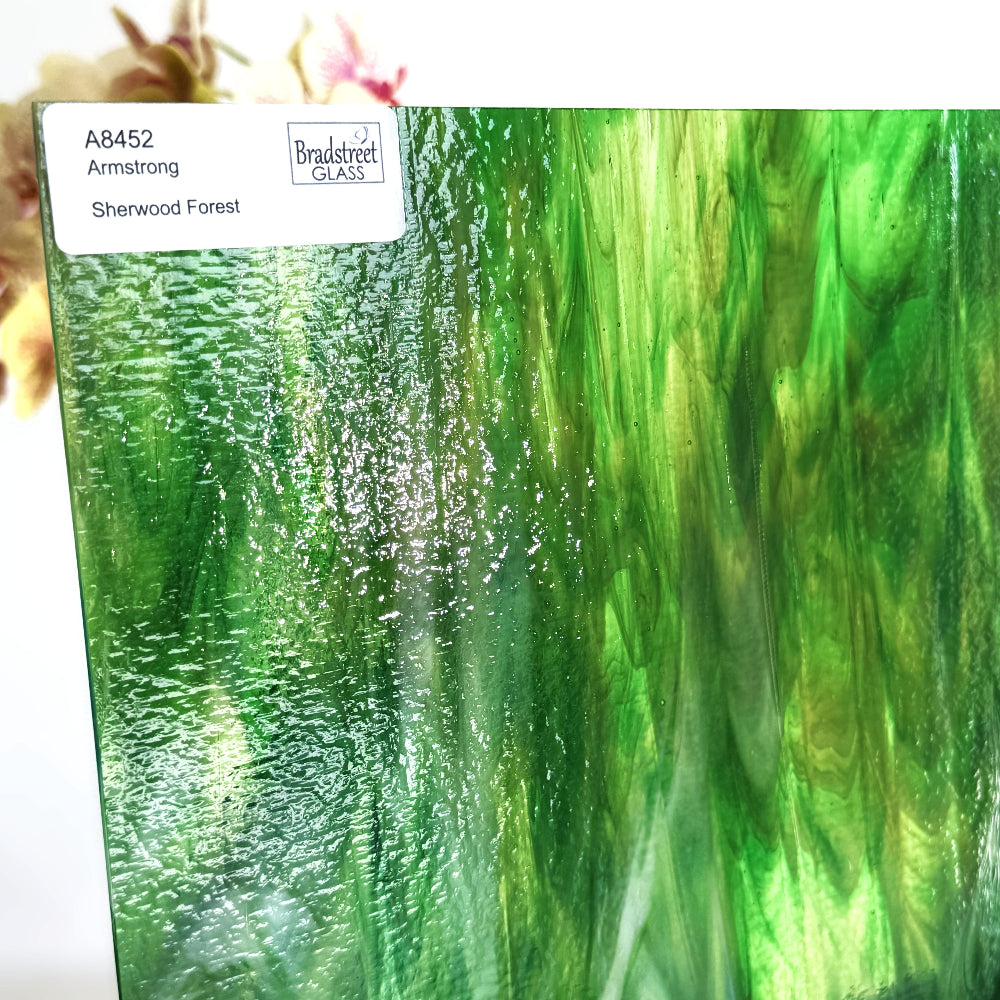 Armstrong 8452 Stained Glass Sheet Sherwood Forest: Streaky Green and Amber on Clear and Opal art glass at Bradstreet Glass