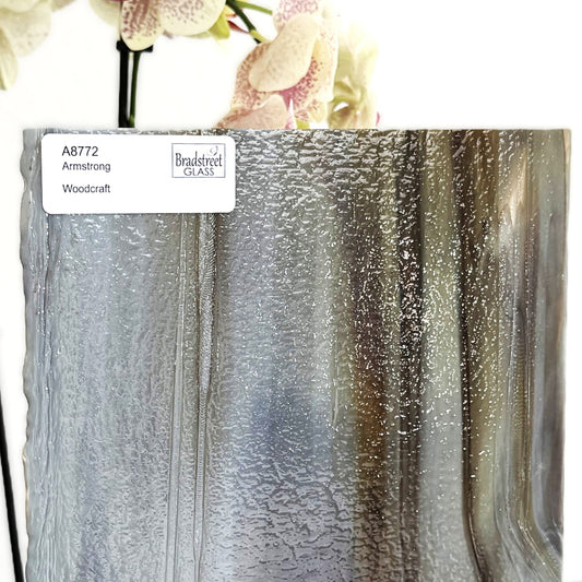 Armstrong 8772 Stained Glass Sheet
Woodcraft: Streaky Opaque Deep Brown and Rich Amber on Clear w Opal. Wispy glass for stained glass at Bradstreet Glass.