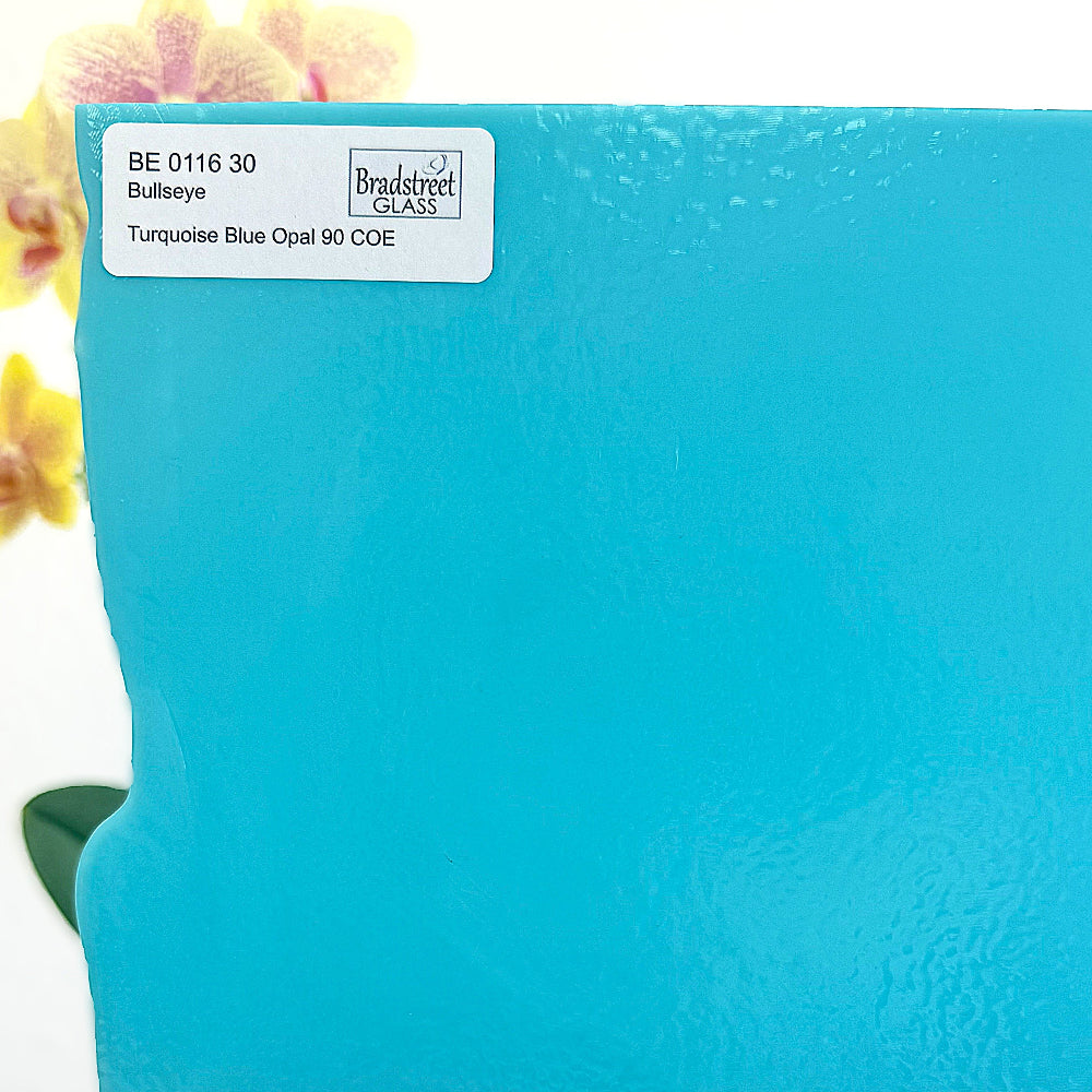 Bullseye 0116 30 Turquoise Blue Opal stained glass sheet. Fusible 90 COE
opaque art glass for stained glass, mosaic glass, and fusing at Bradstreet Glass.
