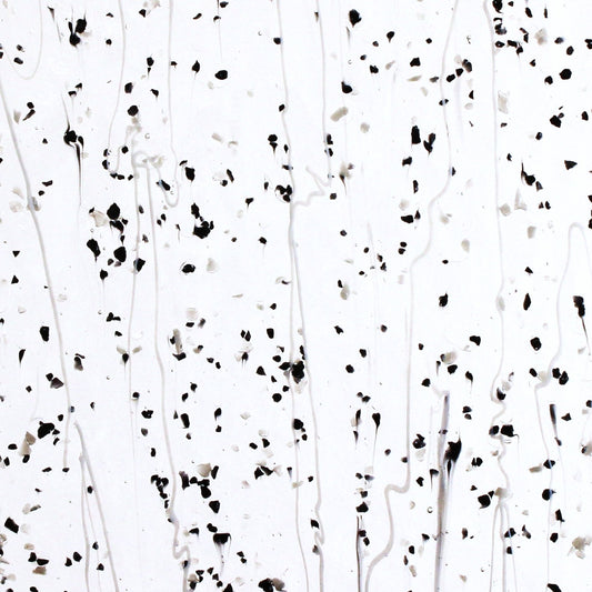 Gray & Black Frit, White Streamers on Clear Stained Glass Sheet. Bullseye 4218 Fusible 90 COE Fusible stringer glass, fusible frit glass. Bradstreet Glass