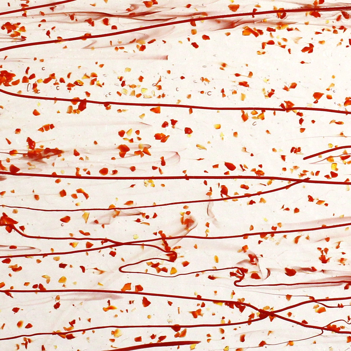 Bullseye 4224 Stained Glass sheet, red frit & red stringers on clear 90 COE fusible art glass. Bradstreet Glass
