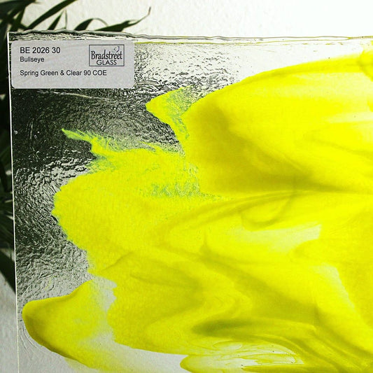 Spring Green and Clear Stained Glass Sheet, 90 COE Bullseye 2026. Fusible art glass at Bradstreet Glass.