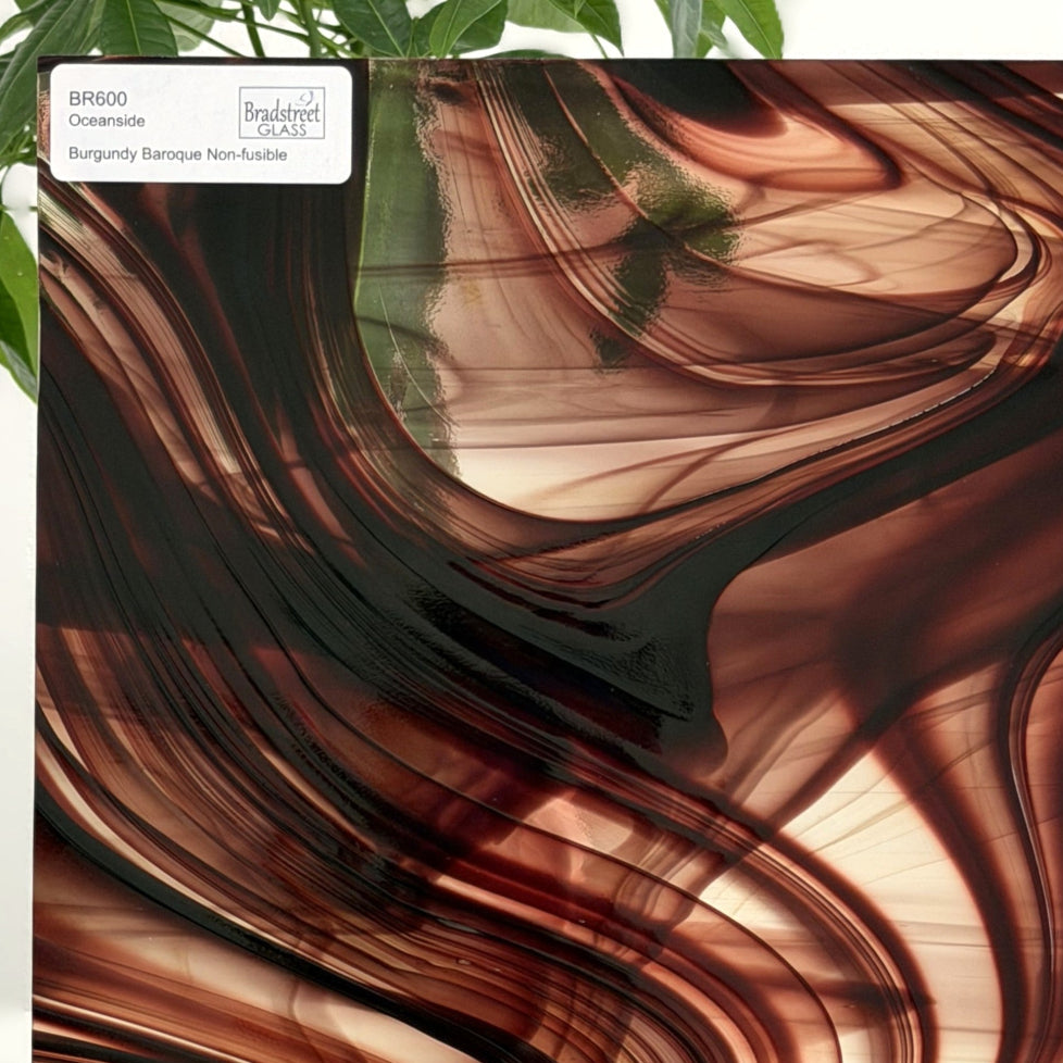 Oceanside BR600 Burgundy and Clear Baroque Stained Glass Sheet. Swirled art glass for stained glass and mosaic glass at Bradstreet Glass.