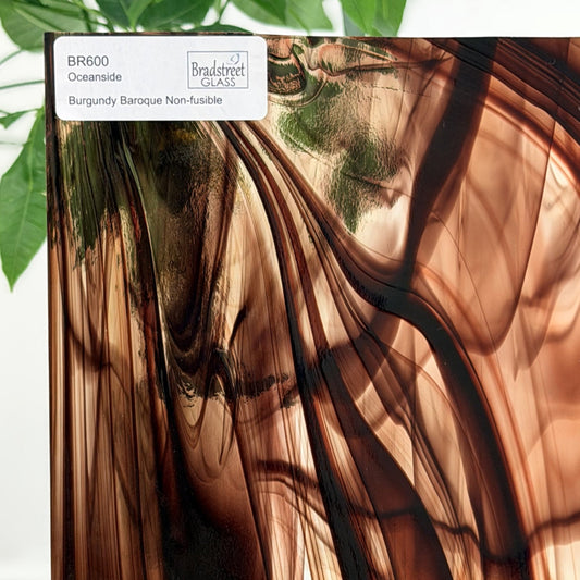 Oceanside BR600 Burgundy and Clear Baroque Stained Glass Sheet. Swirled art glass for stained glass and mosaic glass at Bradstreet Glass.
