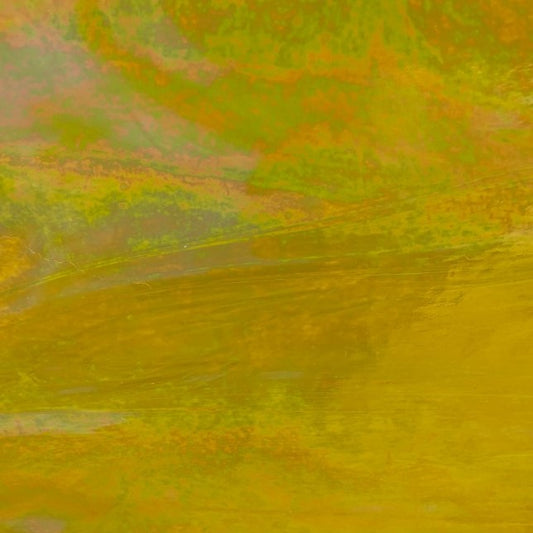 Cadmium Yellow Wispy Opal Iridized Stained Glass Sheet Wissmach WO2IR