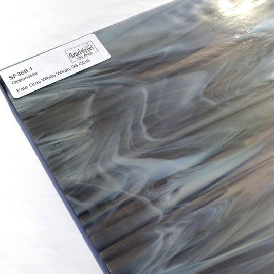 Pale Gray White Wispy Stained Glass Sheet COE 96 Oceanside SF389.1