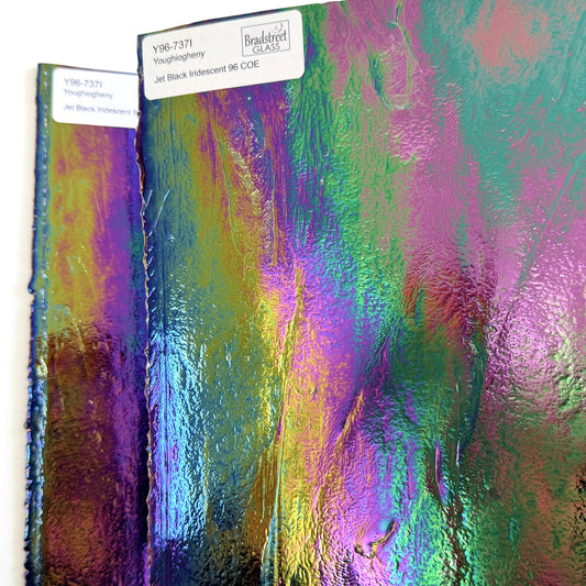 Jet Black Iridescent Fusible Youghiogheny 96-737IR. 96 COE
Black Opaque Iridescent Stained Glass Sheet for stained glass, mosaics and fusing at Bradstreet Glass.