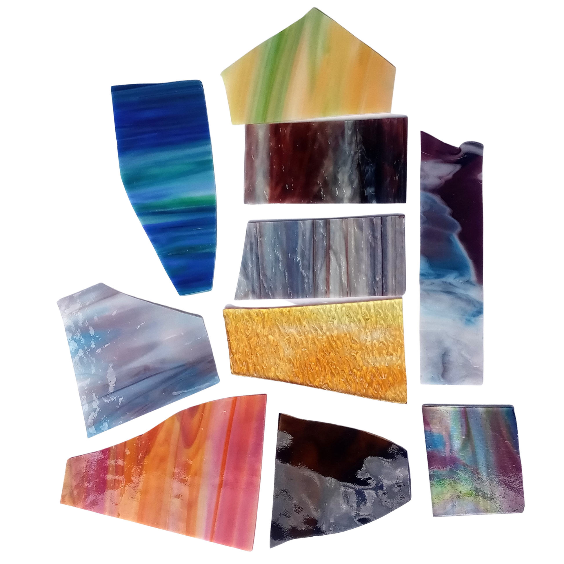Bradstreet Glass Assorted Multi-Colored Streaky, Swirled Stained Glass Scraps, Curated 1 lb Package of Reclaimed Shop Scrap Glass