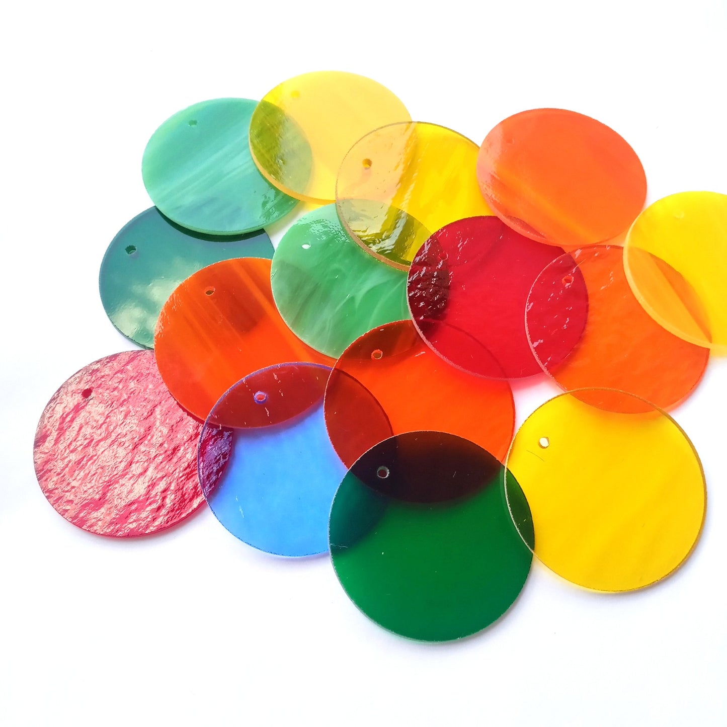 Precut Stained Glass Circles with Holes Drilled for Hanging, 2.5" Glass Circles for Windchimes, Ornaments, Glass Art, Assorted Colors, All Translucent and Wispy Stained Glass