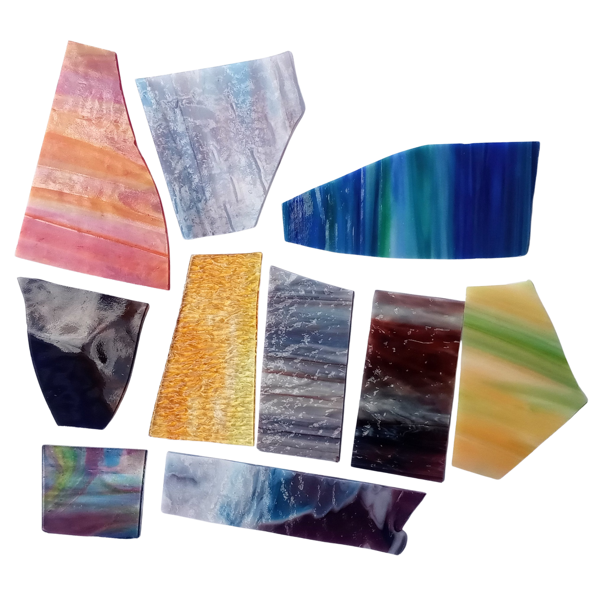 Bradstreet Glass Assorted Multi-Colored Streaky, Swirled Stained Glass Scraps, Curated 1 lb Package of Reclaimed Shop Scrap Glass