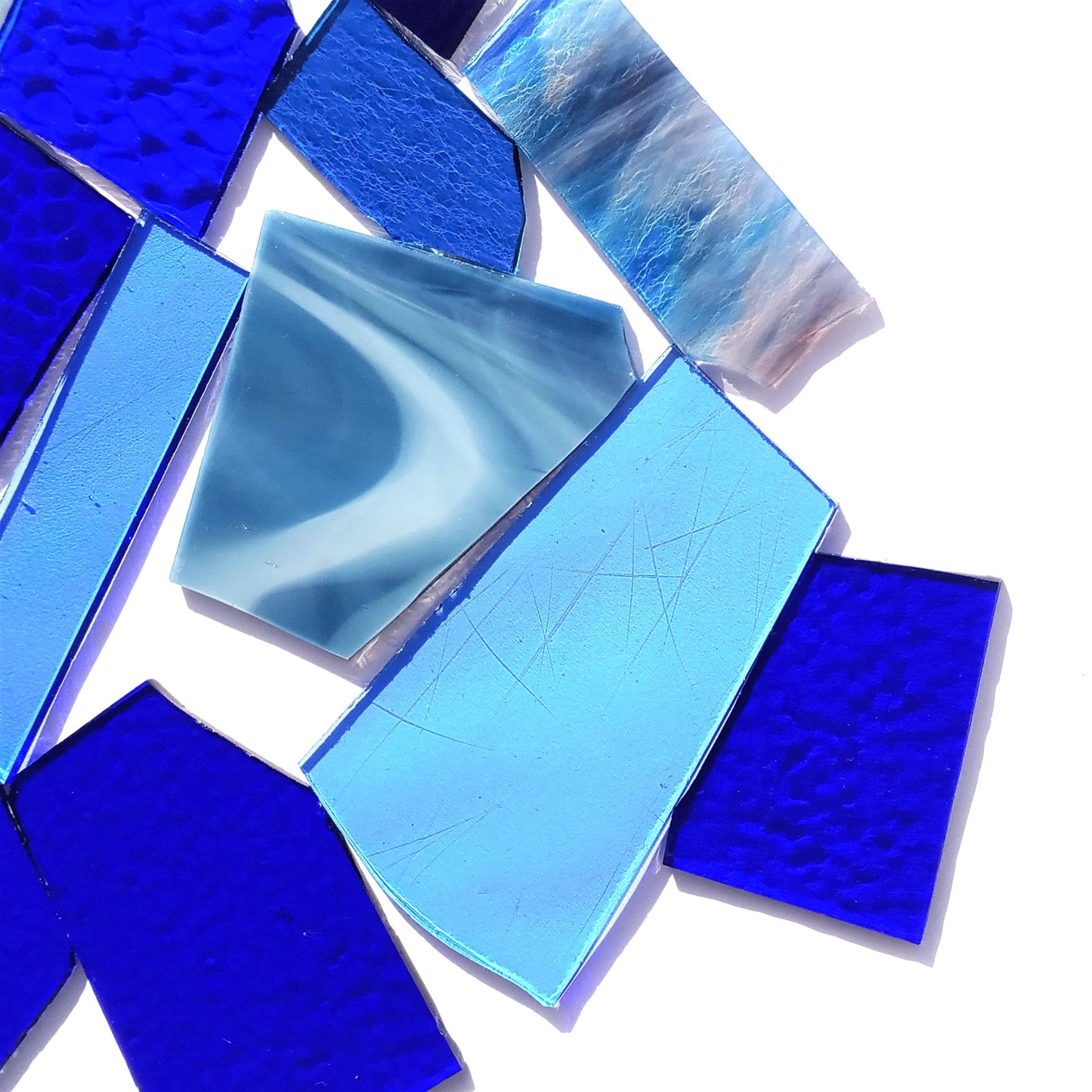 Bradstreet Glass Blue Stained Glass Scraps, Curated 1 lb Package of Reclaimed Shop Scrap Glass in Shades of Blue