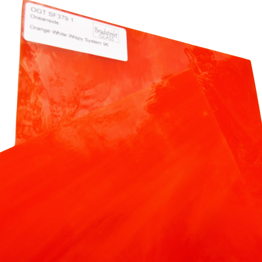 Bradstreet Glass Orange and White Wispy Stained Glass Sheet 96 COE Oceanside Fusible SF379.1