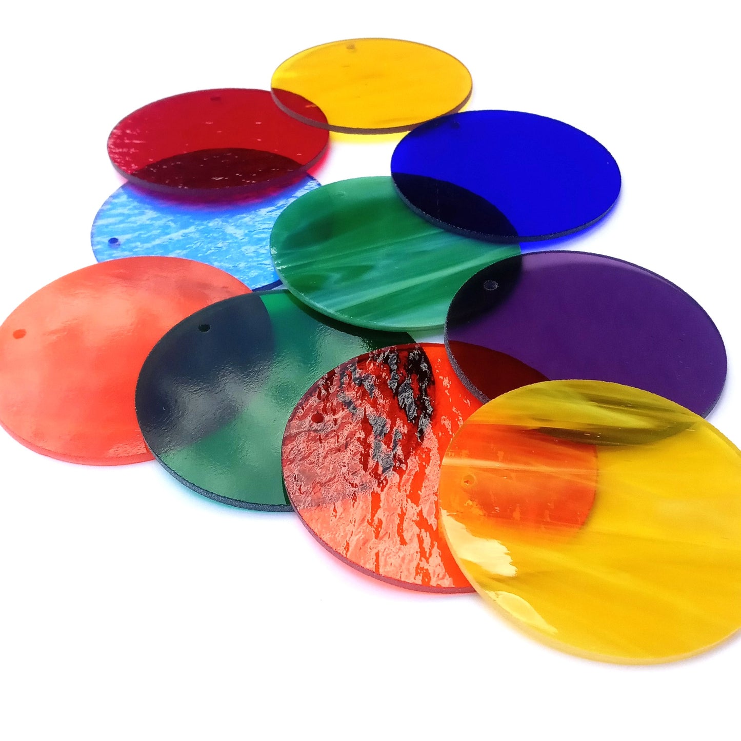Precut Stained Glass Circles with Holes Drilled for Hanging, 3" Glass Circles for Ornaments, Windchimes, Glass Art, Suncatchers, Assorted Colors, All Translucent and Wispy Stained Glass