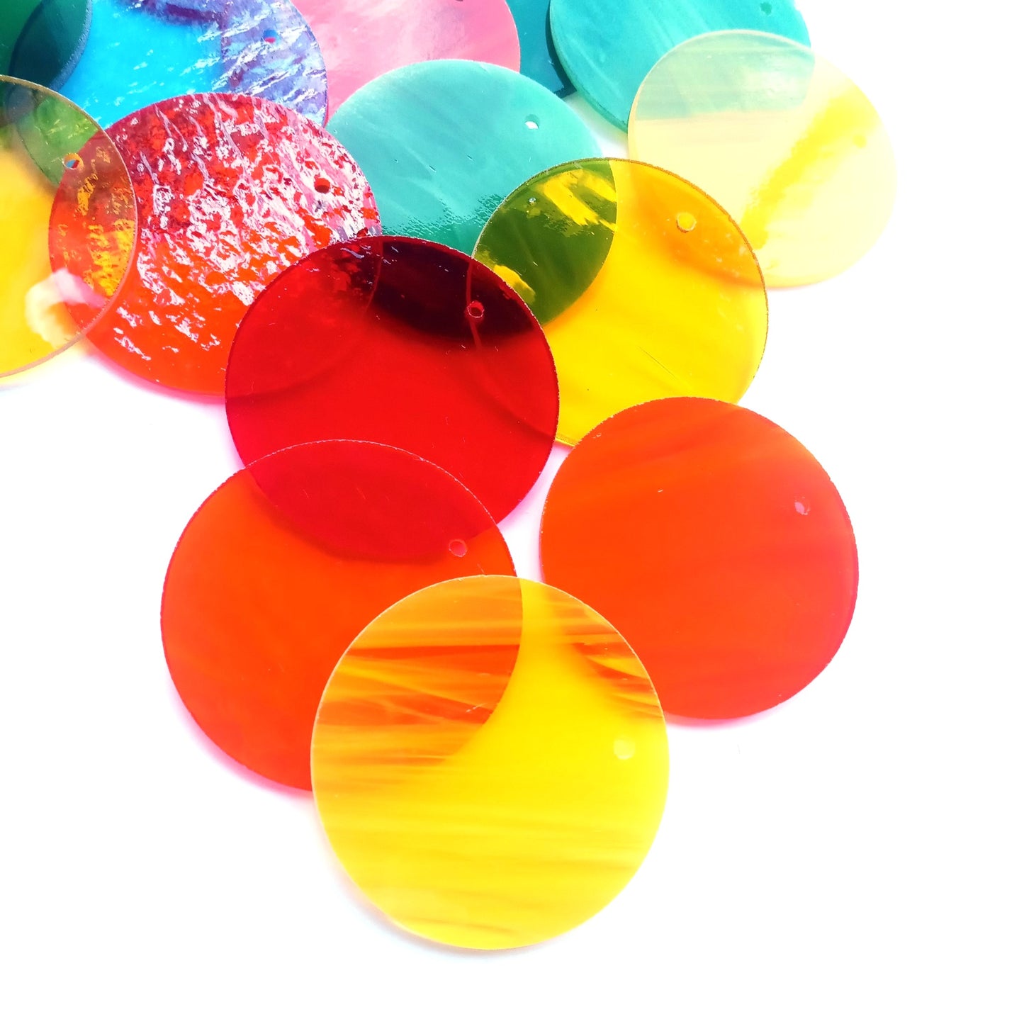 Precut Stained Glass Circles with Holes Drilled for Hanging, 2.5" Glass Circles for Windchimes, Ornaments, Glass Art, Assorted Colors, All Translucent and Wispy Stained Glass