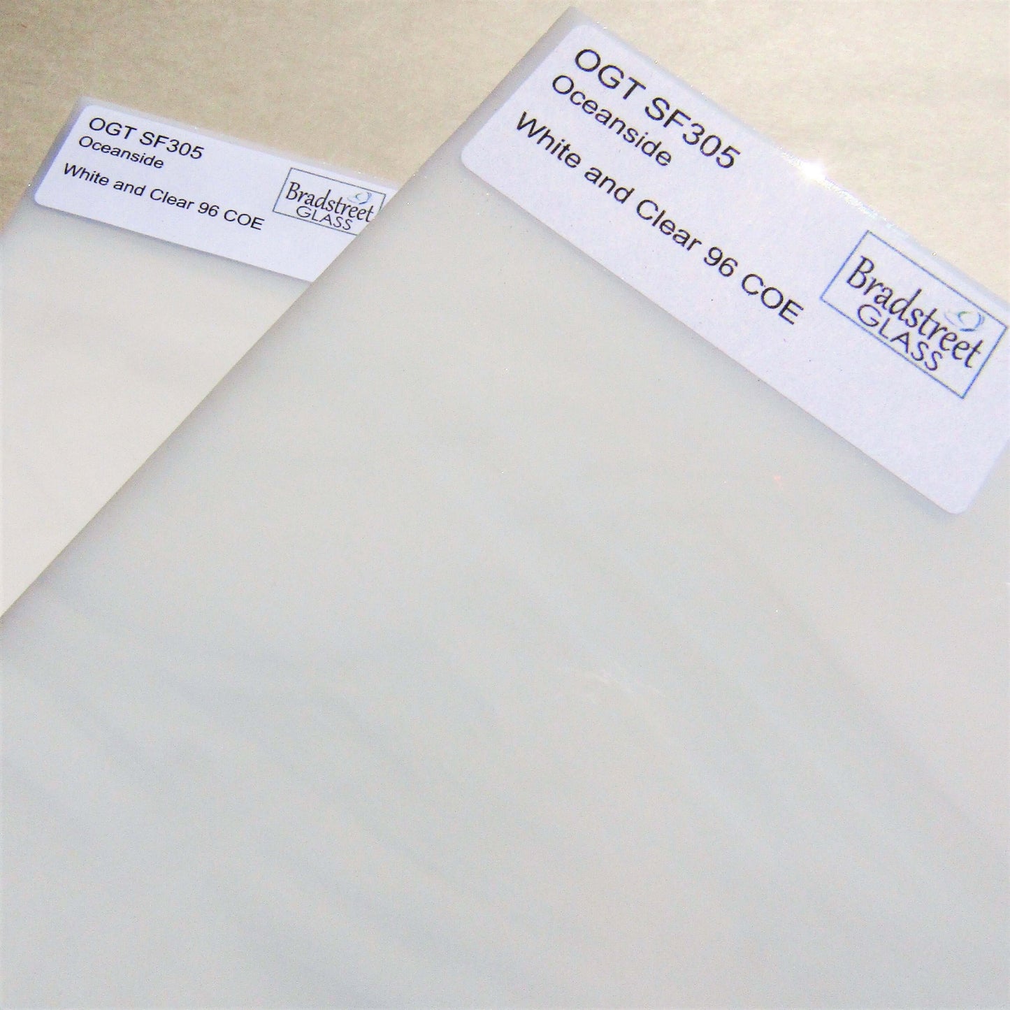 Bradstreet Glass White Opal and Clear Wispy Stained Glass Sheet 96 COE Oceanside Fusible SF305