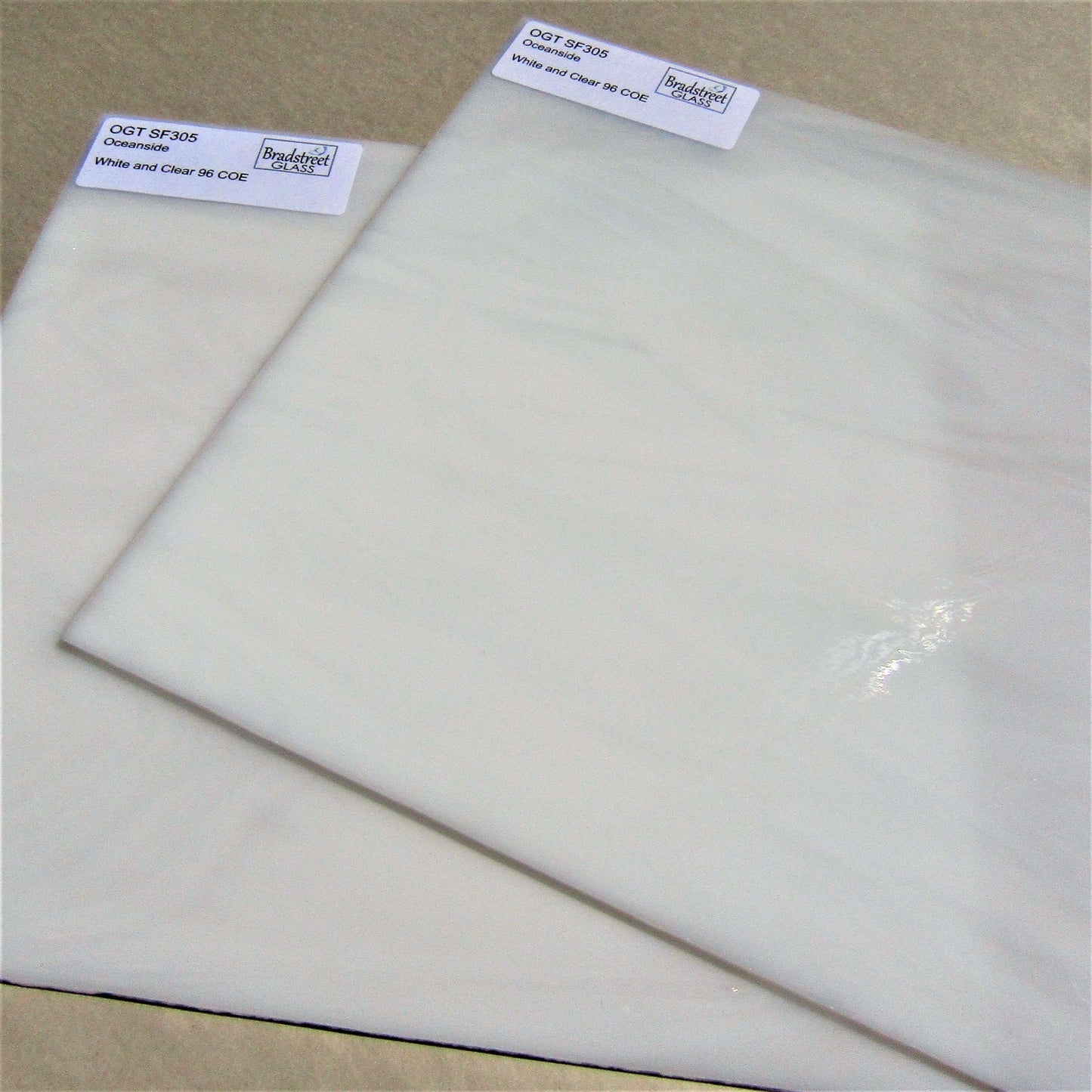 Bradstreet Glass White Opal and Clear Wispy Stained Glass Sheet 96 COE Oceanside Fusible SF305