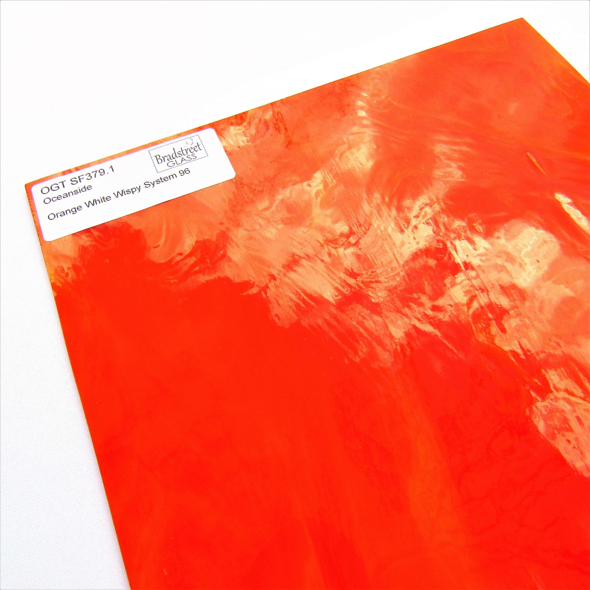 Bradstreet Glass Orange and White Wispy Stained Glass Sheet 96 COE Oceanside Fusible SF379.1