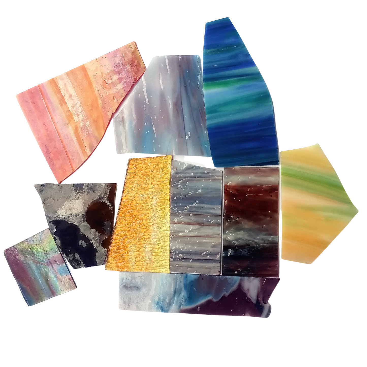 Bradstreet Glass Assorted Multi-Colored Streaky, Swirled Stained Glass Scraps, Curated 1 lb Package of Reclaimed Shop Scrap Glass
