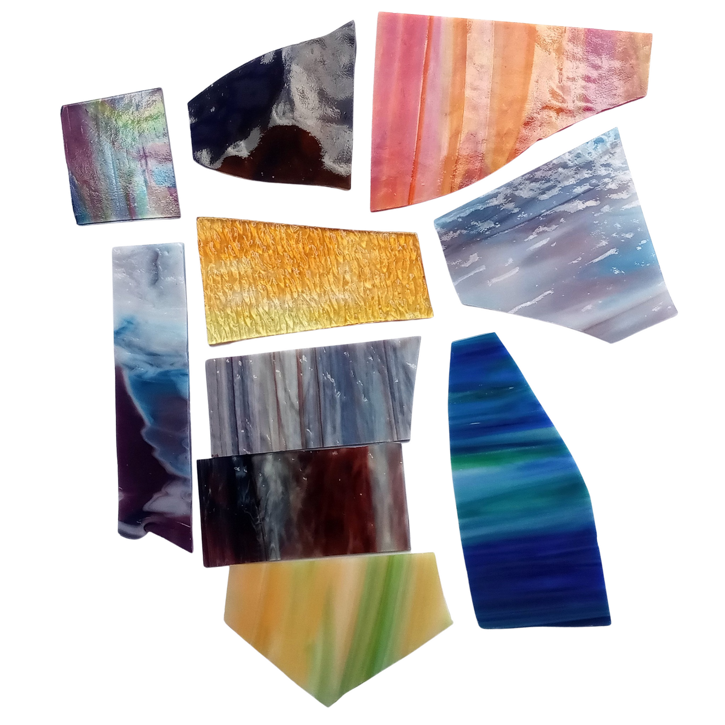 Bradstreet Glass Assorted Multi-Colored Streaky, Swirled Stained Glass Scraps, Curated 1 lb Package of Reclaimed Shop Scrap Glass