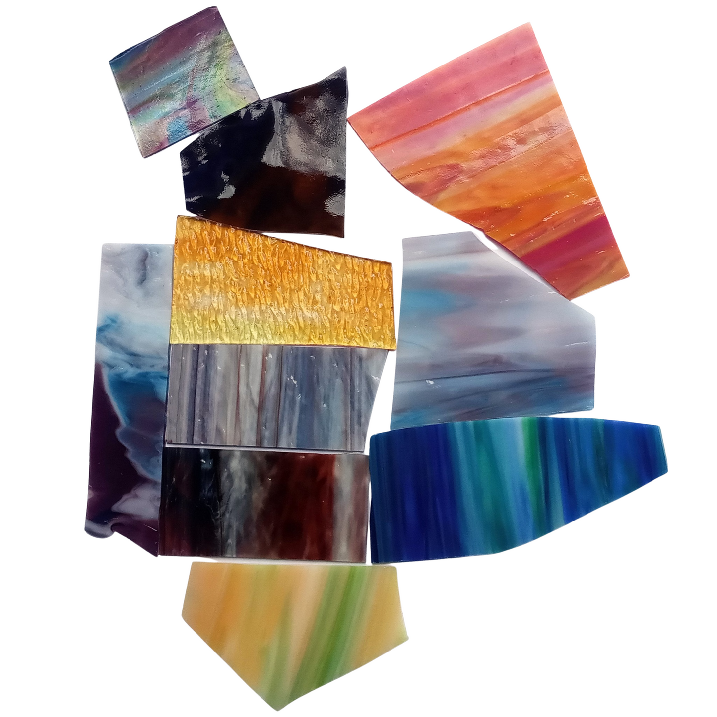 Bradstreet Glass Assorted Multi-Colored Streaky, Swirled Stained Glass Scraps, Curated 1 lb Package of Reclaimed Shop Scrap Glass