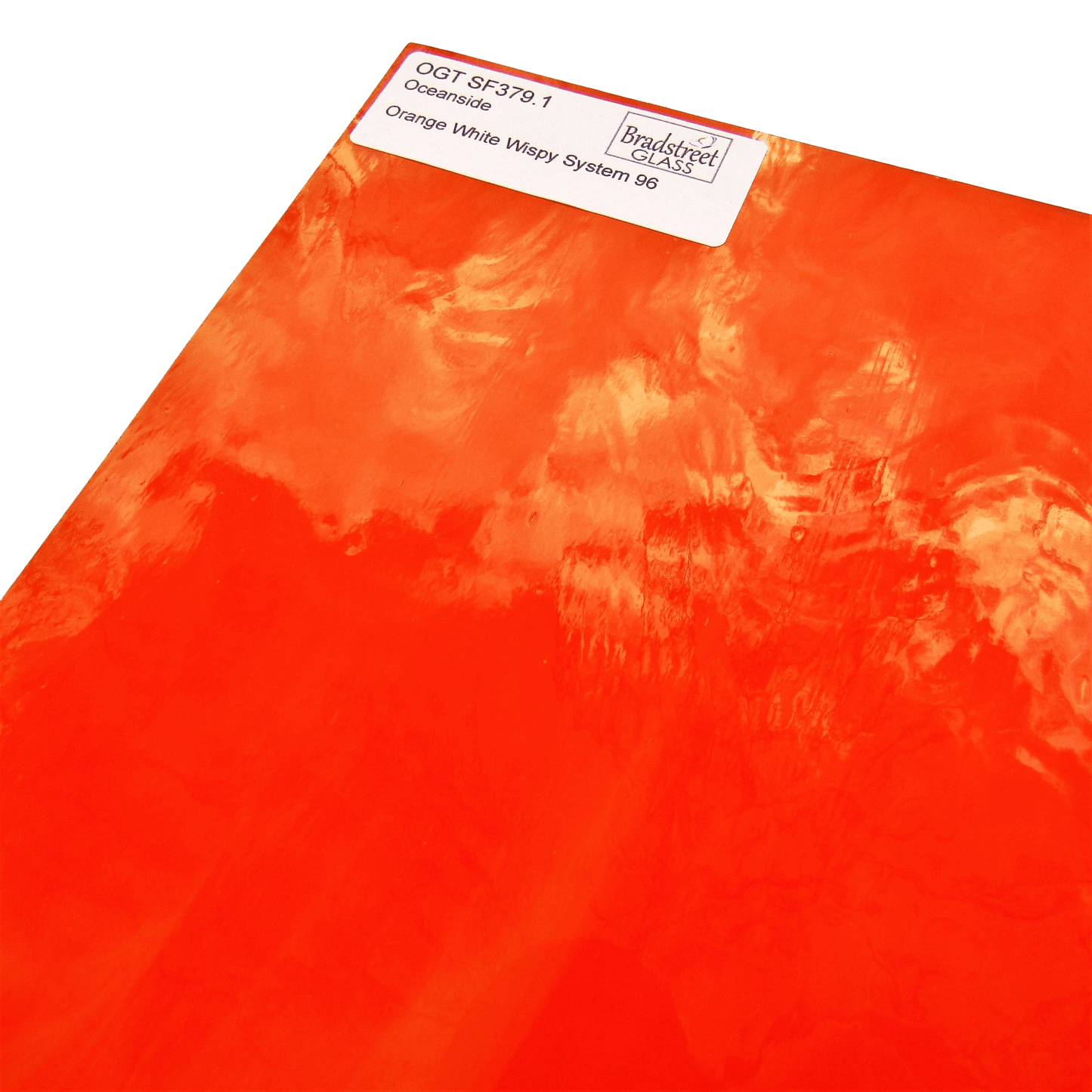 Bradstreet Glass Orange and White Wispy Stained Glass Sheet 96 COE Oceanside Fusible SF379.1