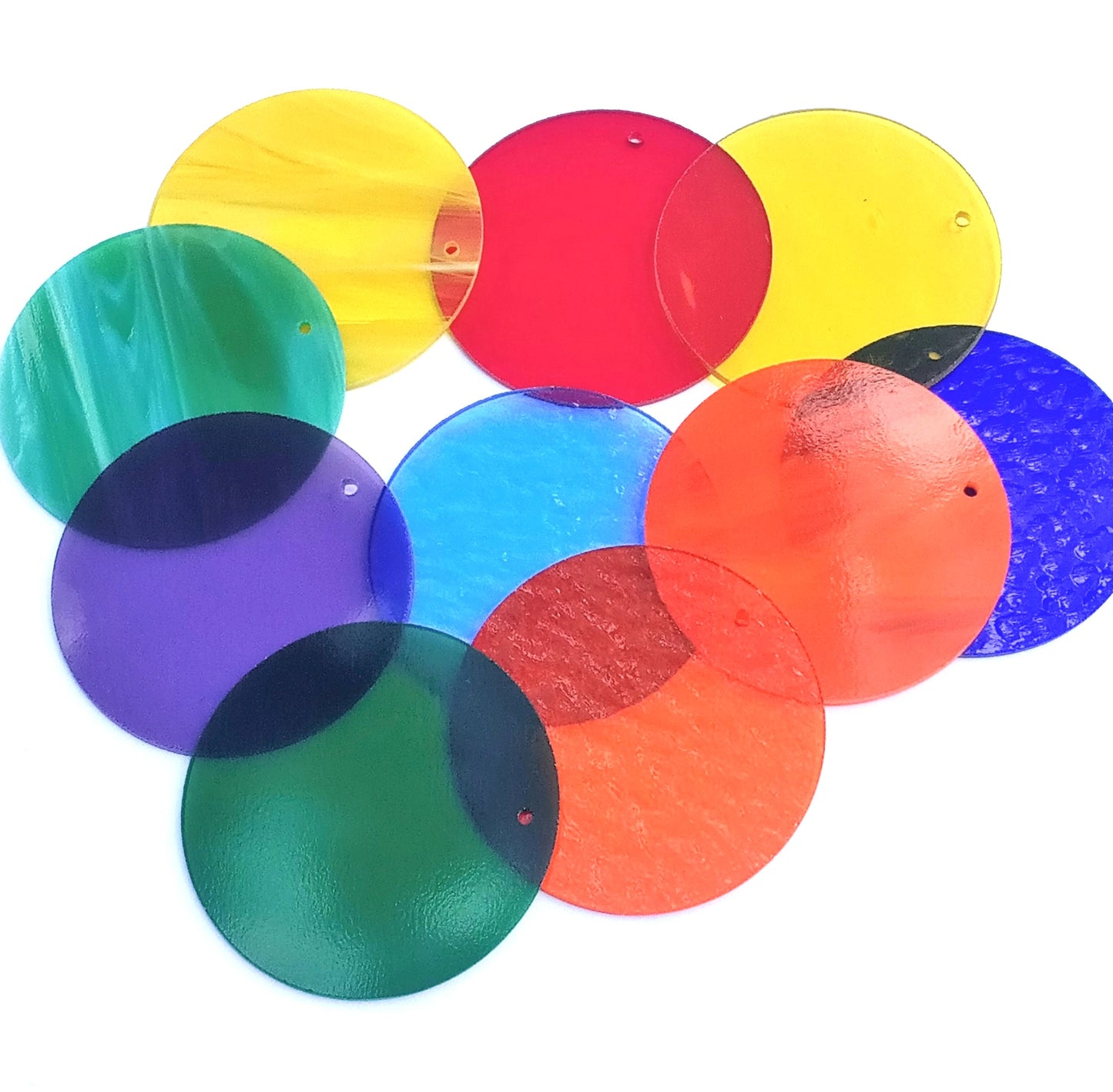 Precut Stained Glass Circles with Holes Drilled for Hanging, 3" Glass Circles for Ornaments, Windchimes, Glass Art, Suncatchers, Assorted Colors, All Translucent and Wispy Stained Glass