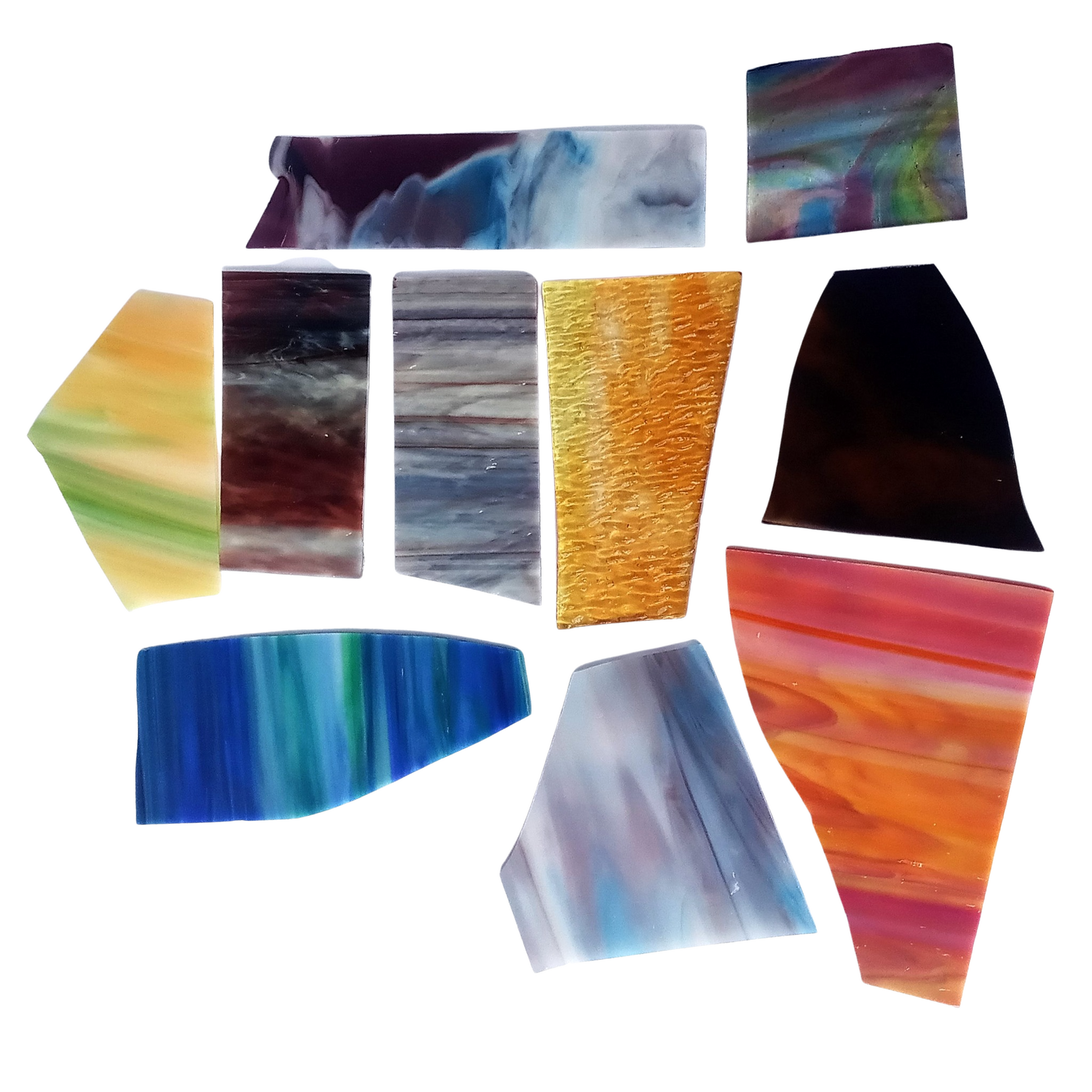 Bradstreet Glass Assorted Multi-Colored Streaky, Swirled Stained Glass Scraps, Curated 1 lb Package of Reclaimed Shop Scrap Glass