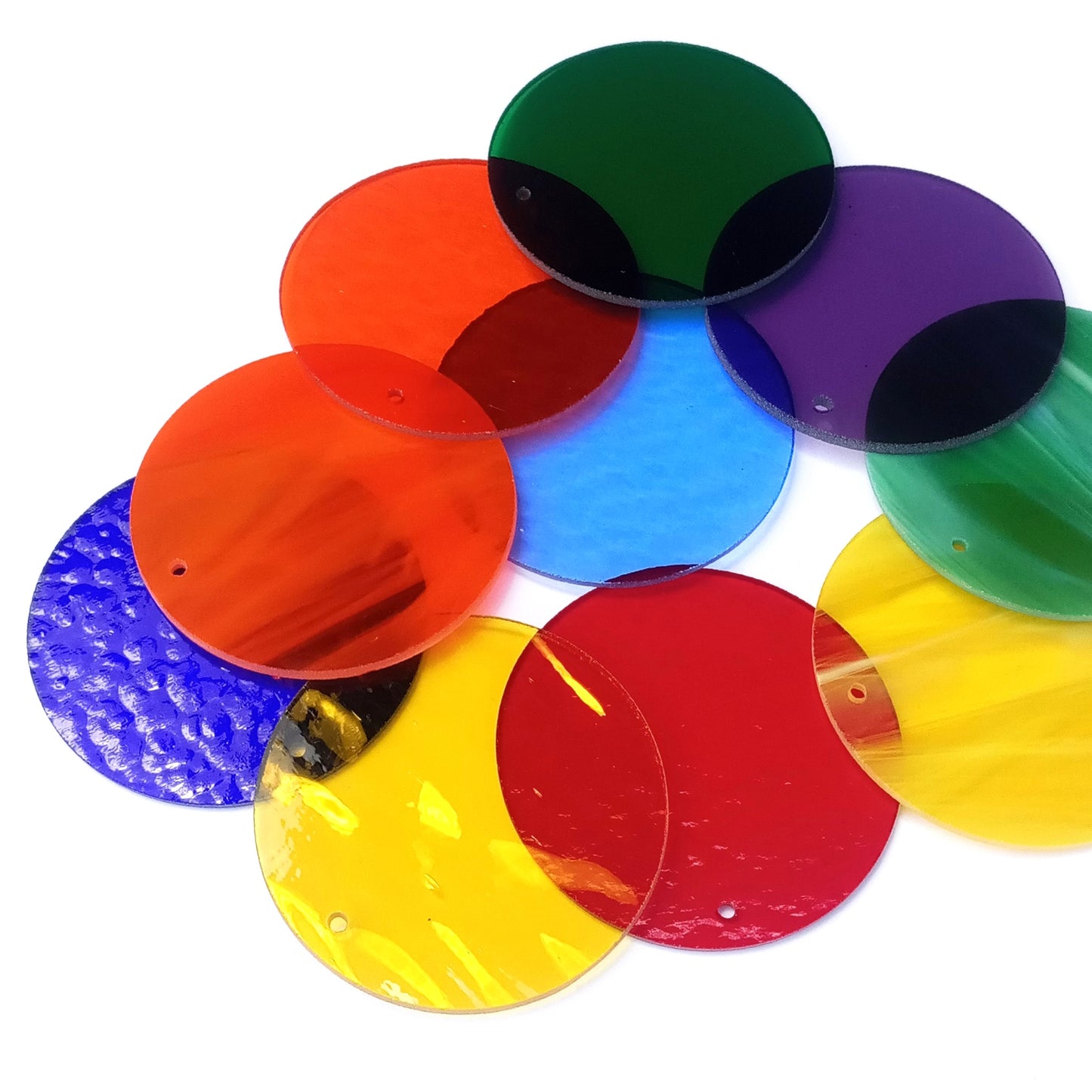Precut Stained Glass Circles with Holes Drilled for Hanging, 3" Glass Circles for Ornaments, Windchimes, Glass Art, Suncatchers, Assorted Colors, All Translucent and Wispy Stained Glass