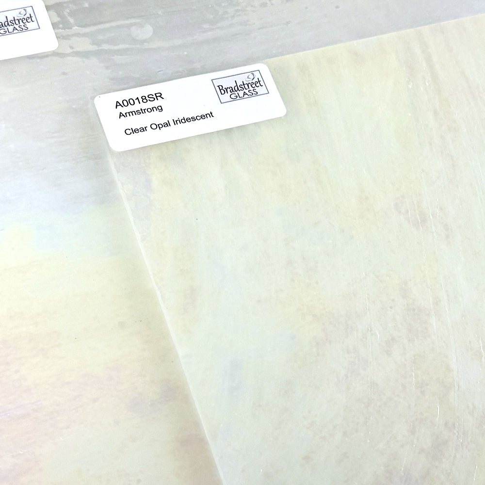 Armstrong 0018SR Clear Opal Iridescent Stained Glass Sheet. Iridized White Opal and Clear Streaky art glass for stained glass and mosaics at Bradstreet Glass. 