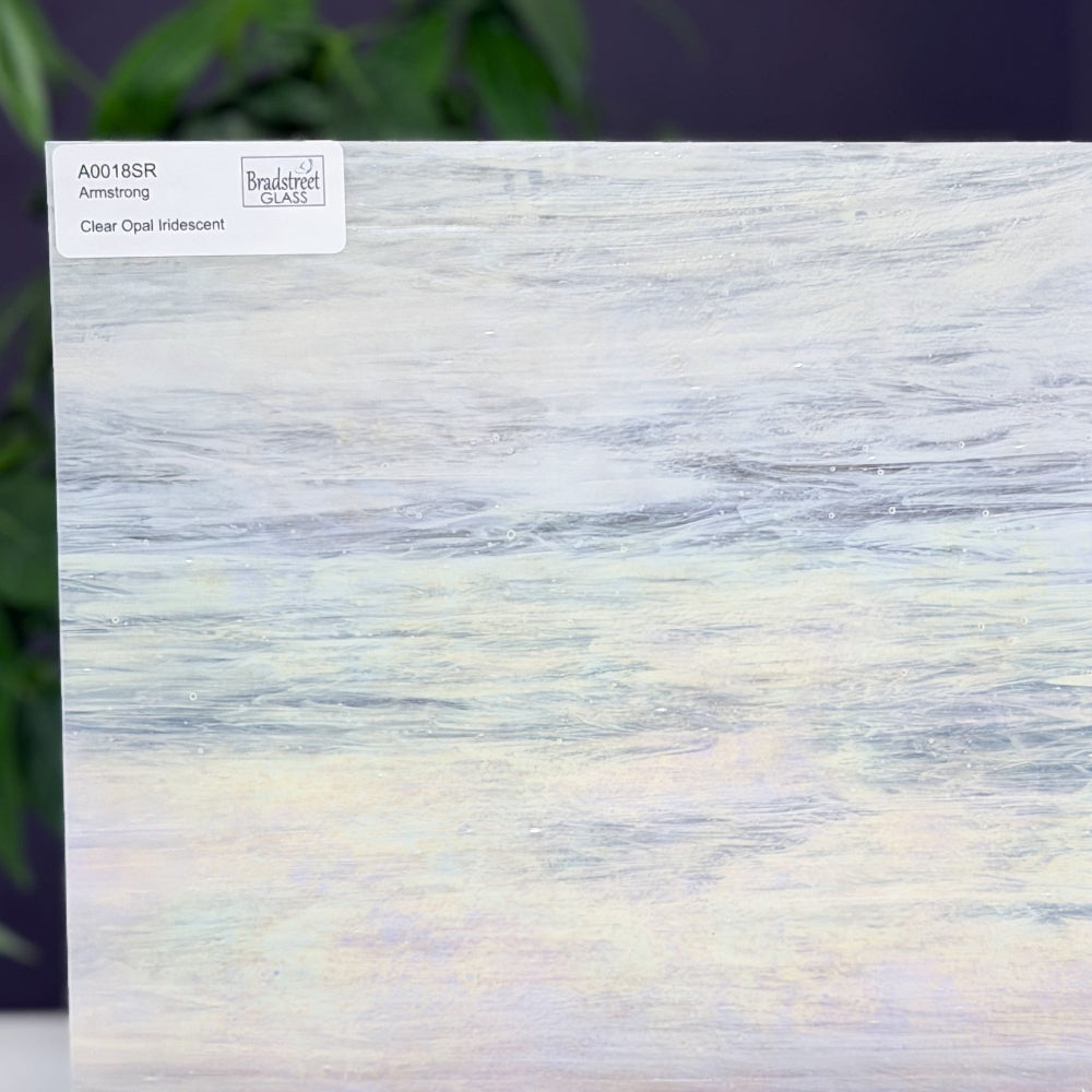 Armstrong 0018SR Clear Opal Iridescent Stained Glass Sheet. Iridized White Opal and Clear Streaky art glass for stained glass and mosaics at Bradstreet Glass. 