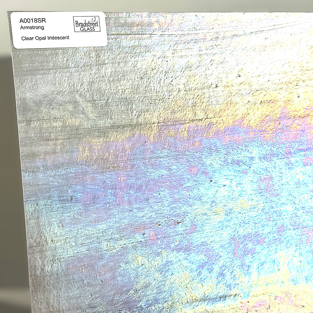 Armstrong 0018SR Clear Opal Iridescent Stained Glass Sheet. Iridized White Opal and Clear Streaky art glass for stained glass and mosaics at Bradstreet Glass. 