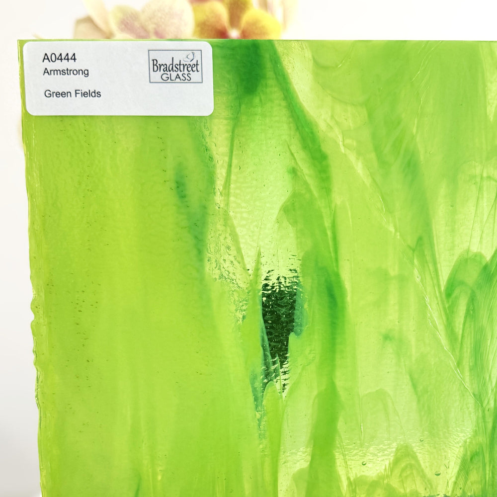 Armstrong 0444 Stained Glass Sheet
Green Fields: Streaky Greens with White Opal art glass at Bradstreet Glass.