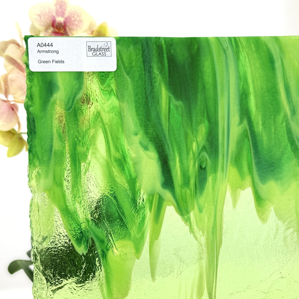 Armstrong 0444 Stained Glass Sheet
Green Fields: Streaky Greens with White Opal art glass at Bradstreet Glass.