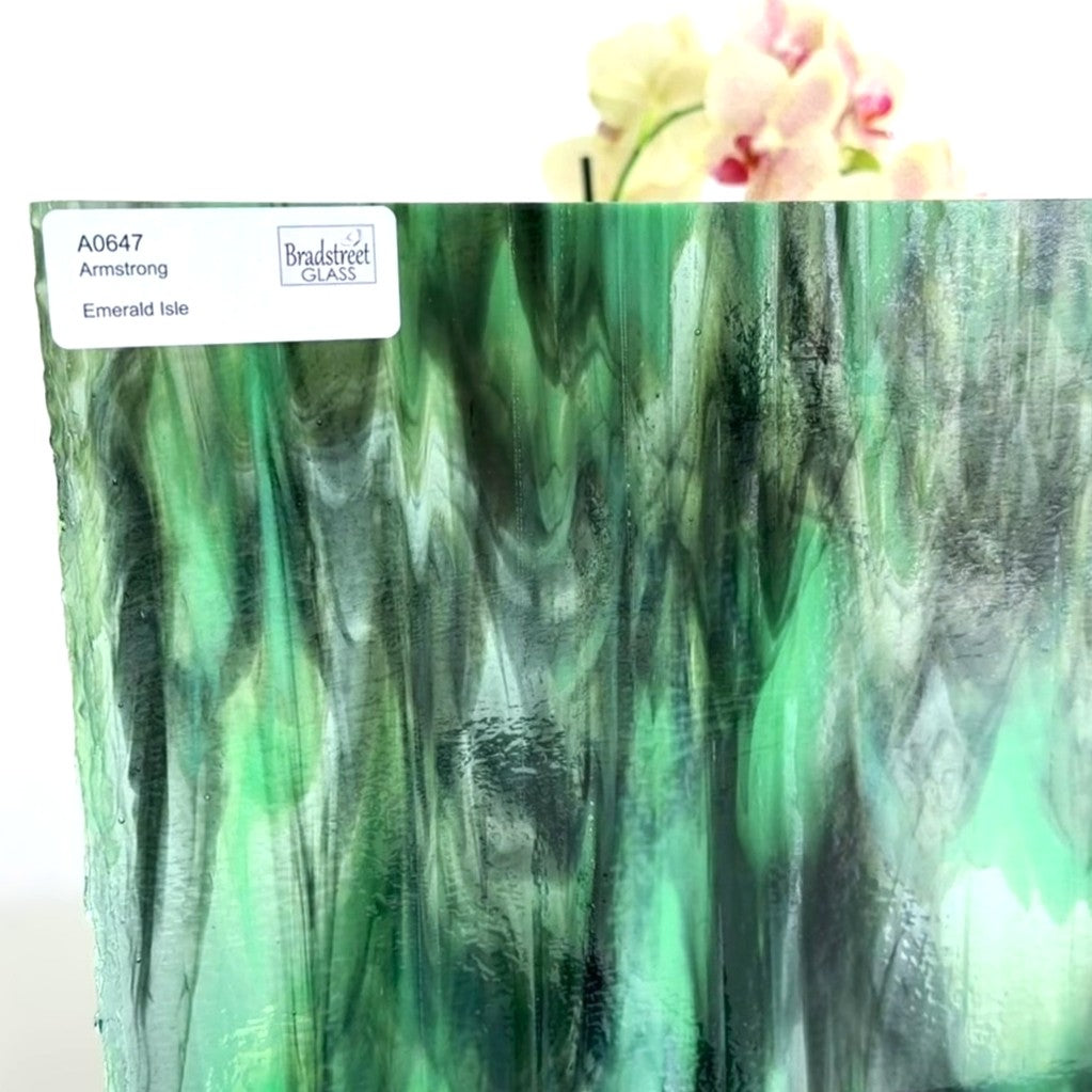 Armstrong 0647 Stained Glass Sheet
Emerald Isle: Streaky Opaque Greens on Clear w Opal.  Swirled green art glass at Bradstreet Glass.