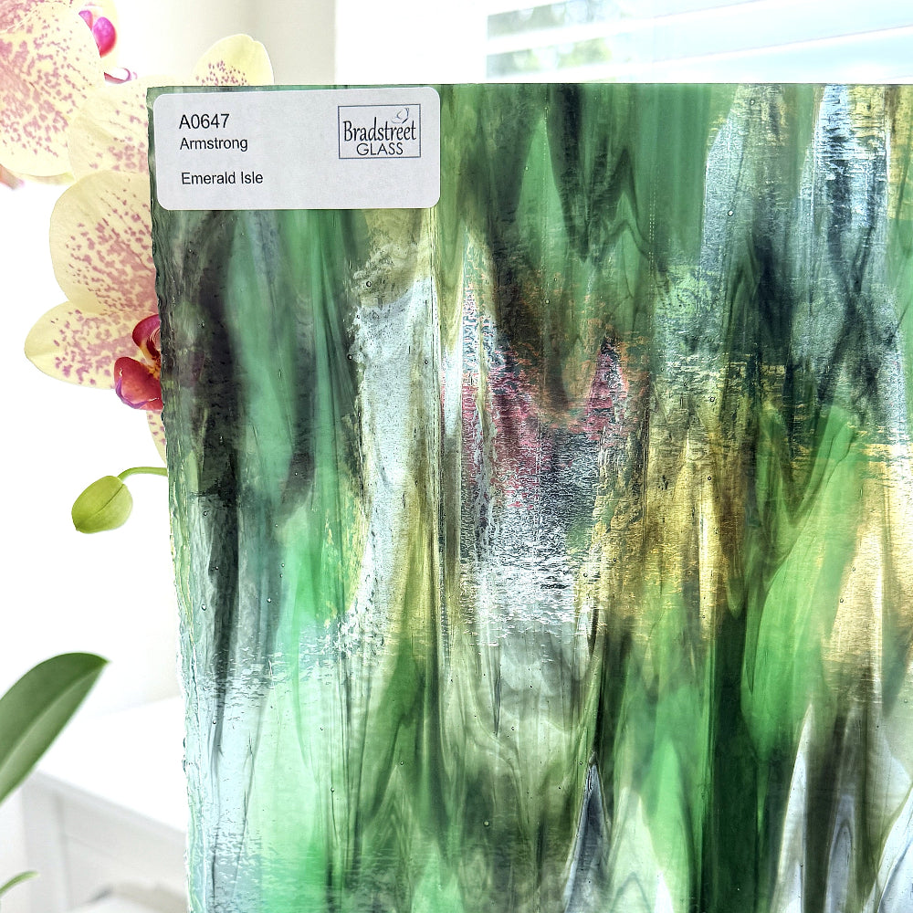 Armstrong 0647 Stained Glass Sheet
Emerald Isle: Streaky Opaque Greens on Clear w Opal.  Swirled green art glass at Bradstreet Glass.