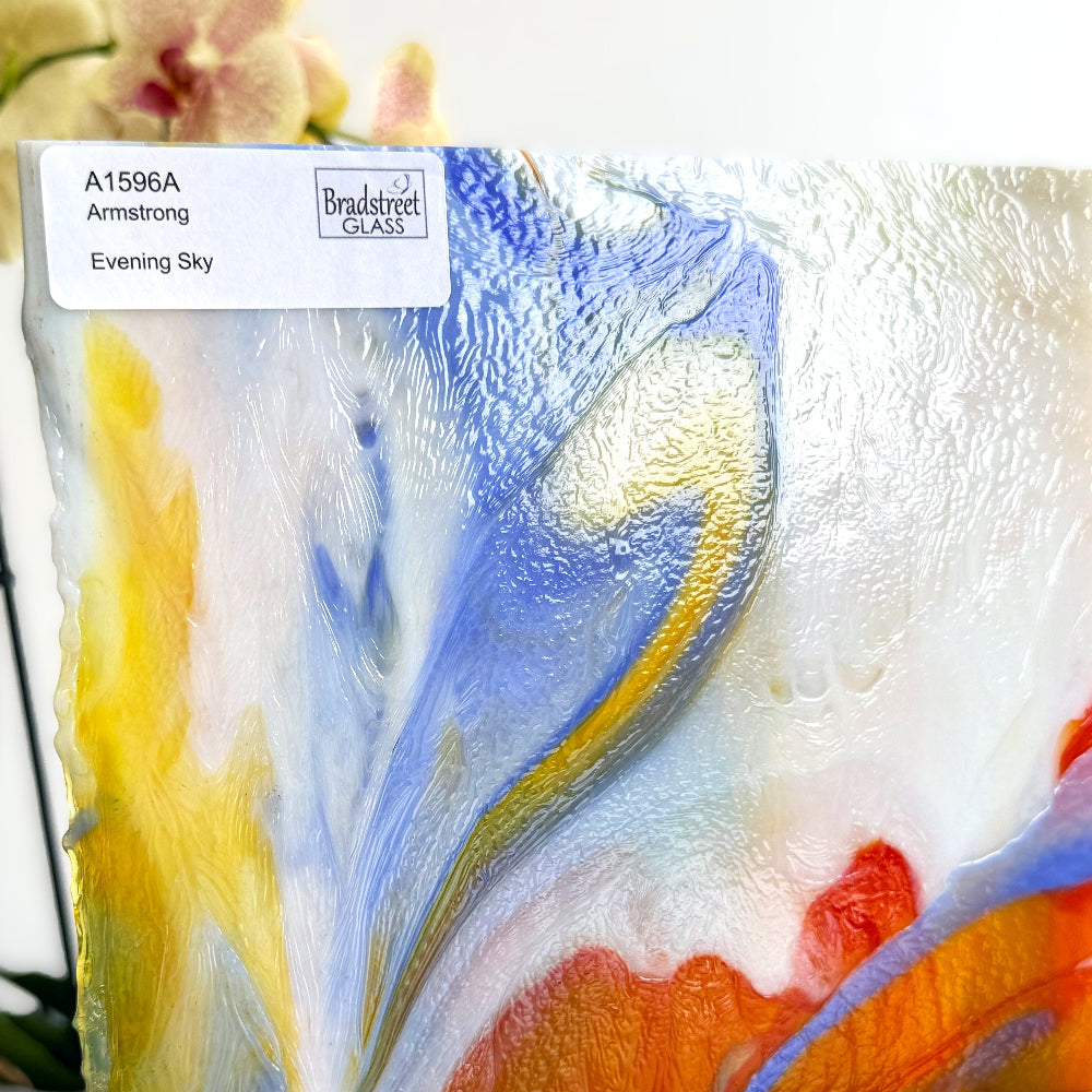 Armstrong 1596A Stained Glass Sheet Evening Sky: Red, Yellow, and Blue mixed with White Opal art glass at Bradstreet Glass.