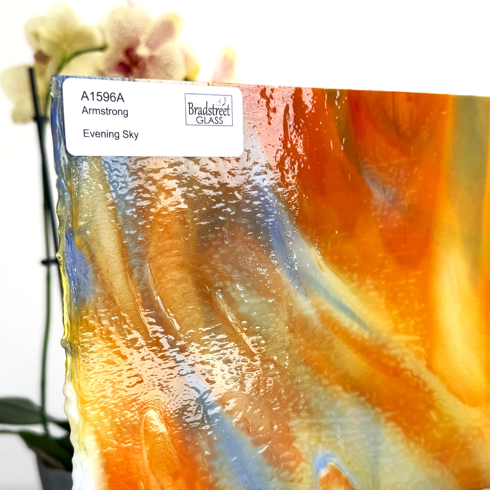 Armstrong 1596A Stained Glass Sheet Evening Sky: Red, Yellow, and Blue mixed with White Opal art glass at Bradstreet Glass.