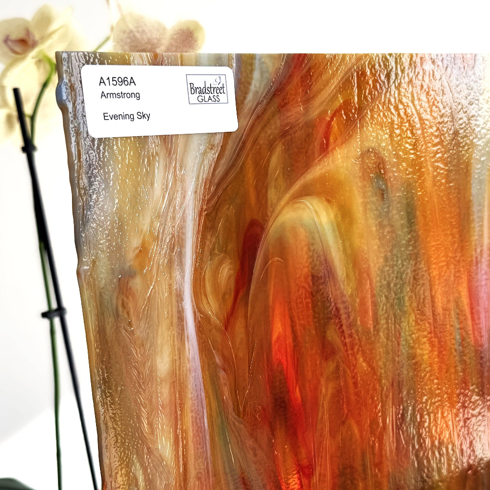 Armstrong 1596A Stained Glass Sheet Evening Sky: Red, Yellow, and Blue mixed with White Opal art glass at Bradstreet Glass.