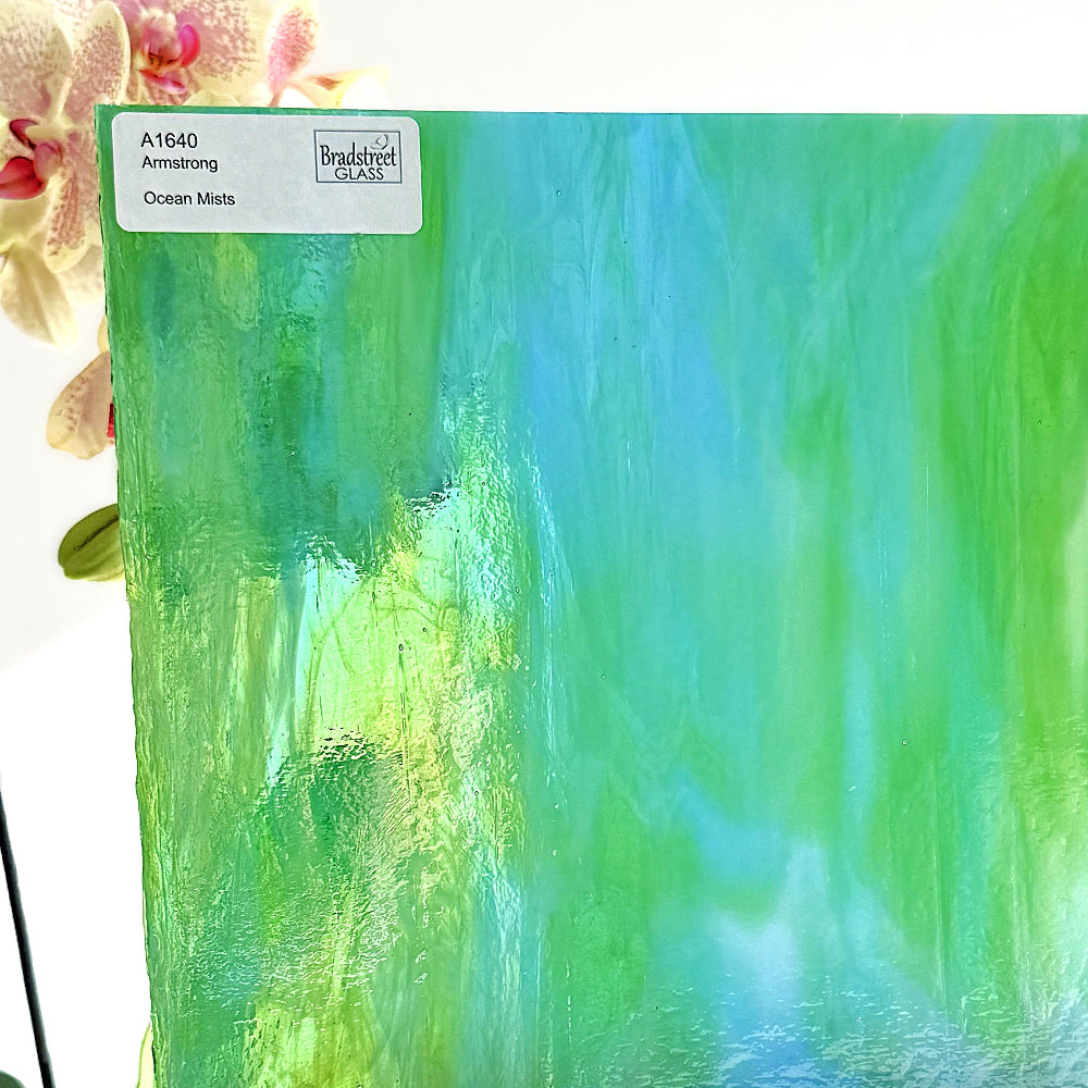 Armstrong 1640 Stained Glass Sheet 
Ocean Mists: Streaky Blues and Greens on Clear with Opal art glass at Bradstreet Glass
