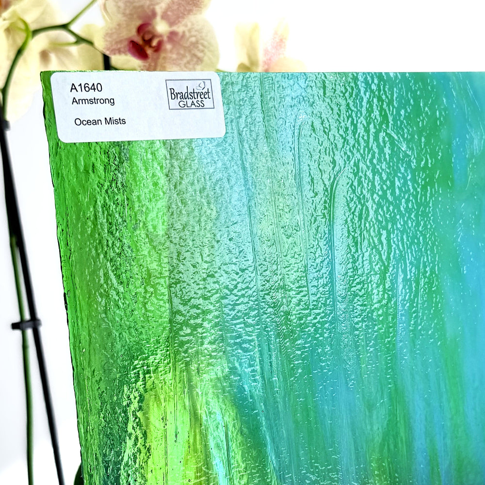 Armstrong 1640 Stained Glass Sheet 
Ocean Mists: Streaky Blues and Greens on Clear with Opal art glass at Bradstreet Glass