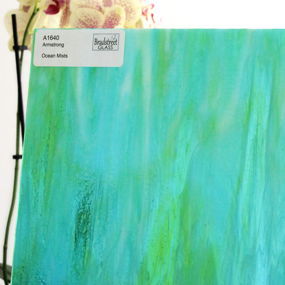 Armstrong 1640 Stained Glass Sheet 
Ocean Mists: Streaky Blues and Greens on Clear with Opal art glass at Bradstreet Glass