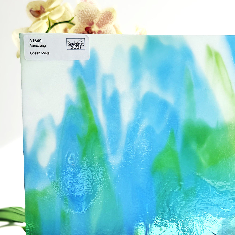 Armstrong 1640 Stained Glass Sheet 
Ocean Mists: Streaky Blues and Greens on Clear with Opal art glass at Bradstreet Glass
