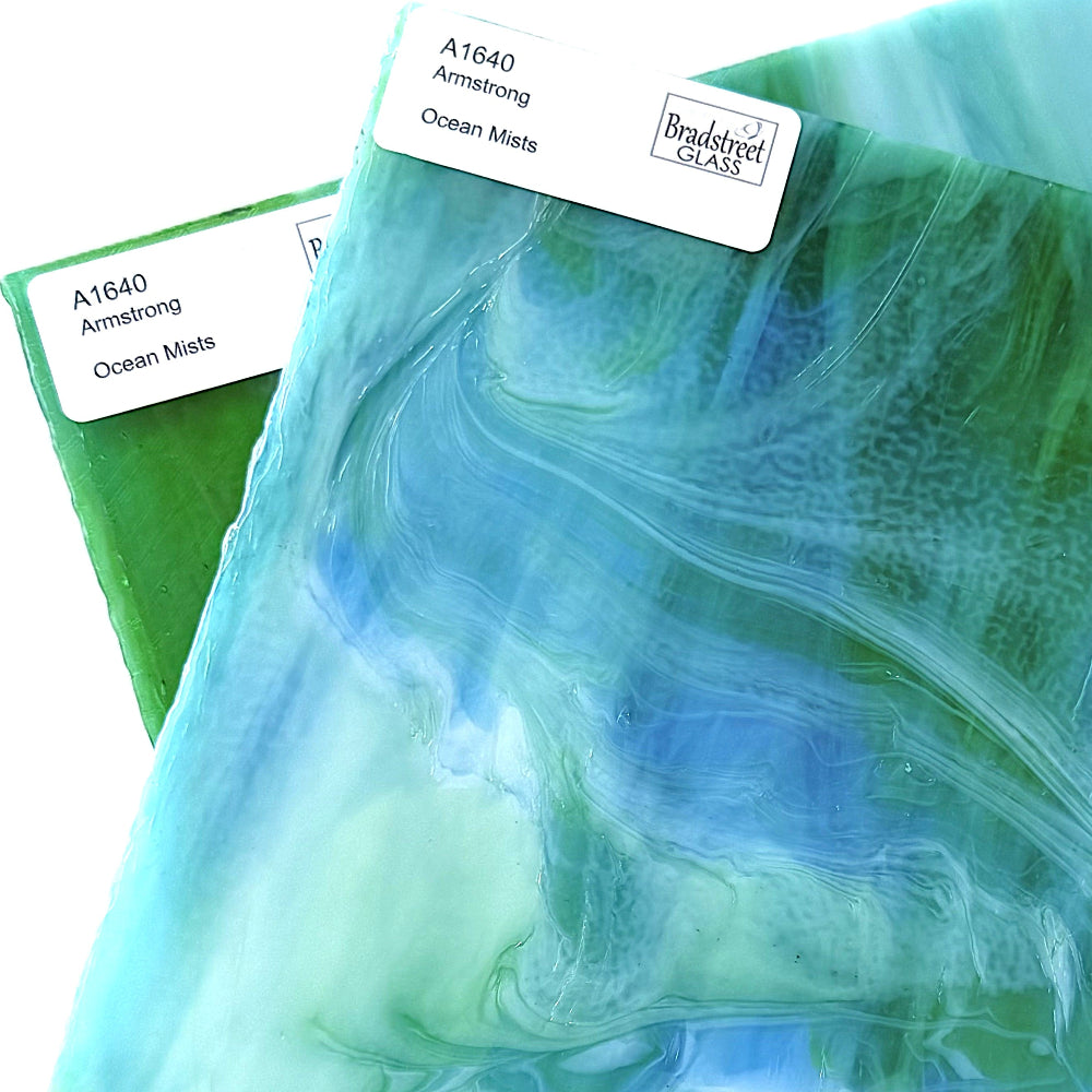 Armstrong 1640 Stained Glass Sheet 
Ocean Mists: Streaky Blues and Greens on Clear with Opal art glass at Bradstreet Glass