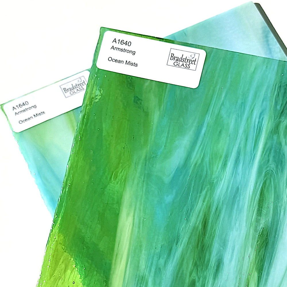 Armstrong 1640 Stained Glass Sheet 
Ocean Mists: Streaky Blues and Greens on Clear with Opal art glass at Bradstreet Glass