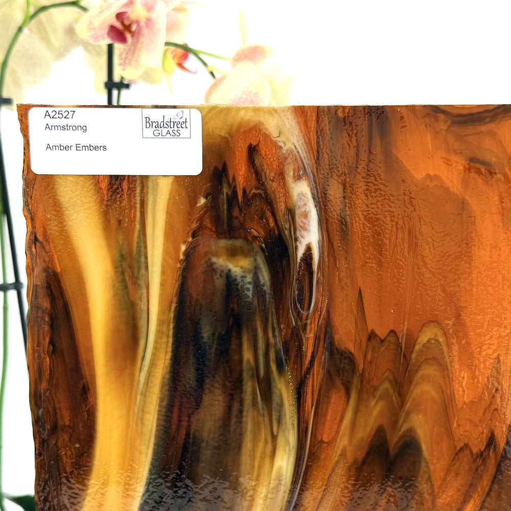 Armstrong 2527 Stained Glass Sheet
Amber Embers: Streaky Brown and Amber art glass at Bradstreet Glass