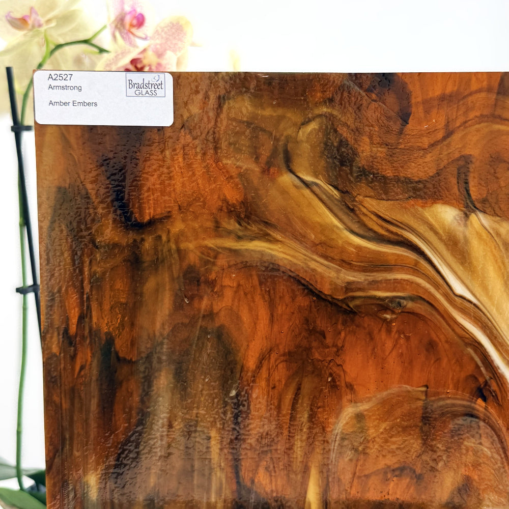 Armstrong 2527 Stained Glass Sheet
Amber Embers: Streaky Brown and Amber art glass at Bradstreet Glass