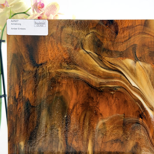 Armstrong 2527 Stained Glass Sheet
Amber Embers: Streaky Brown and Amber art glass at Bradstreet Glass